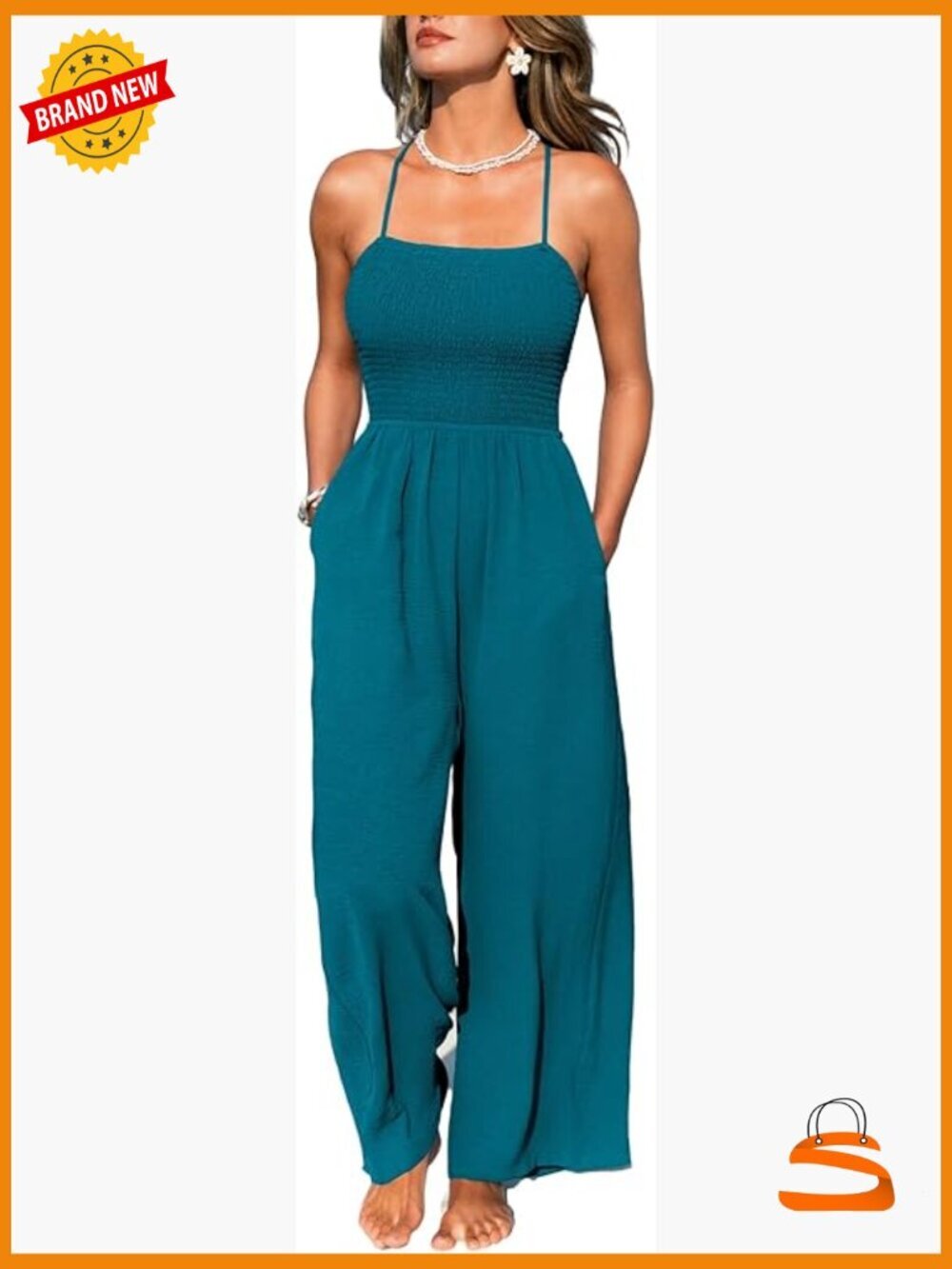 Square Neck Smocked Wide Leg Jumpsuit Sleeveless Long Pants Romper